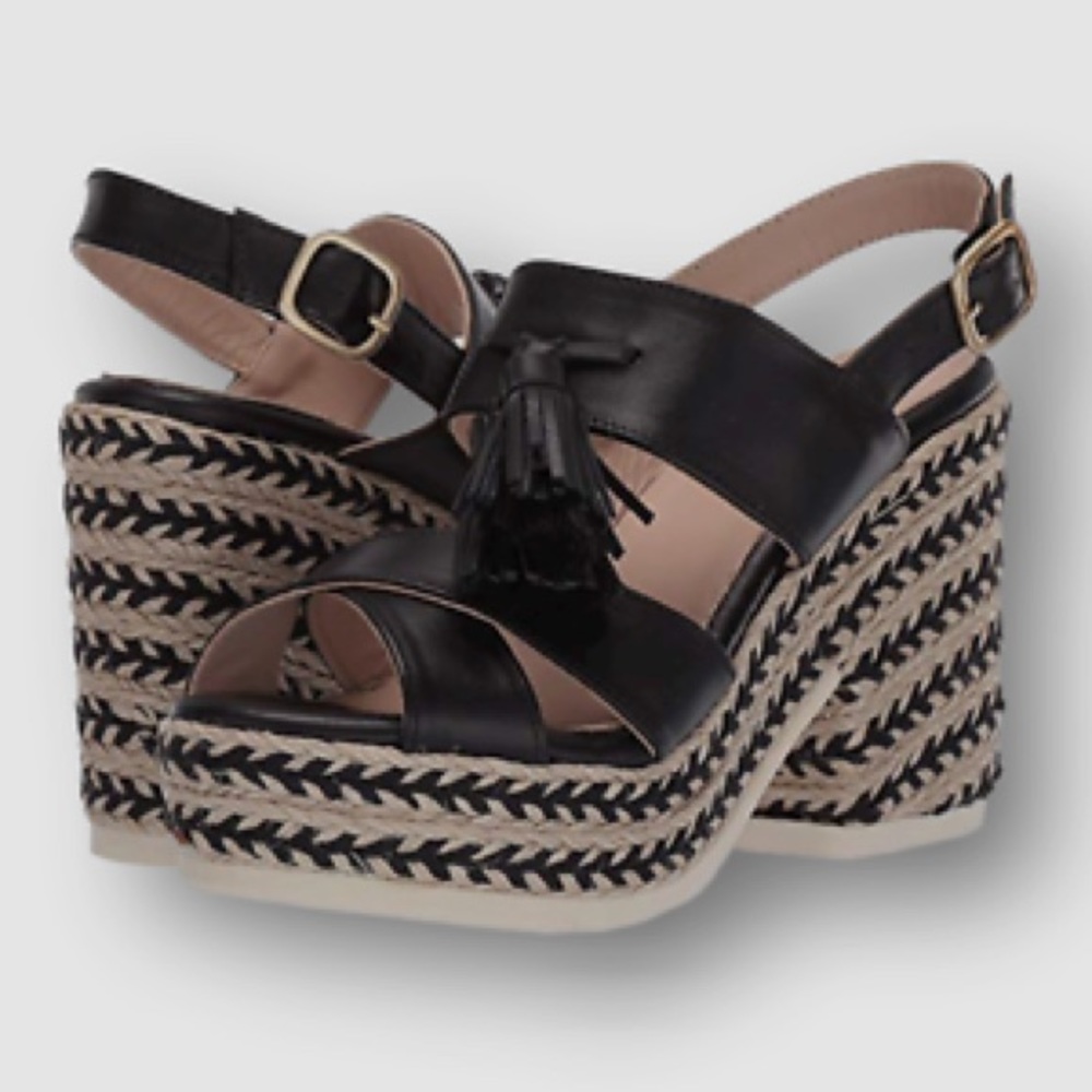 Sesto Meucci Inka Black Napa Seta Wedge Sandals with Tassel Detail